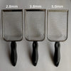 Three stainless steel cat litter scoops of varying sizes 2.8mm, 3.8mm, and 5.0mm shown side by side