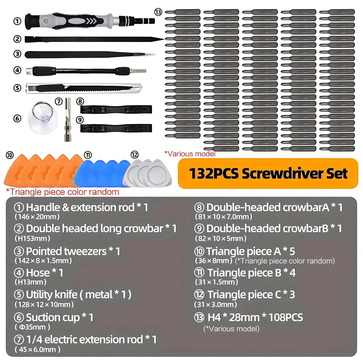 A set of 132 pieces of precision screwdrivers and tools including various screwdriver types, hex bits, and extension rods.