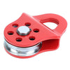 A red heavy duty winch snatch block with a silver roller and mounting holes.