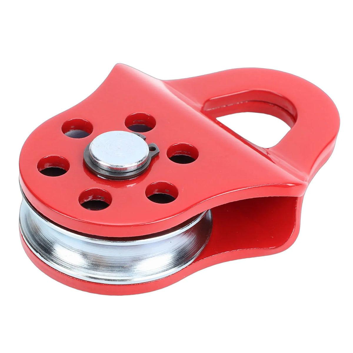 A red heavy duty winch snatch block with a silver roller and mounting holes.