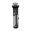 A close-up view of a stainless steel toilet seat hinge bolt with a black plastic housing.