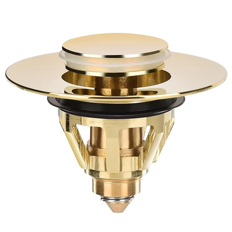 A brass universal pop-up drain fitting with a gold finish and a clear plastic cap.