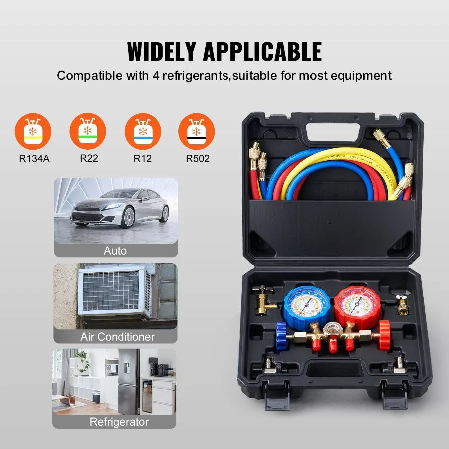 A black tool case containing a 3-way refrigerant gauge set with various colored hoses and fittings.