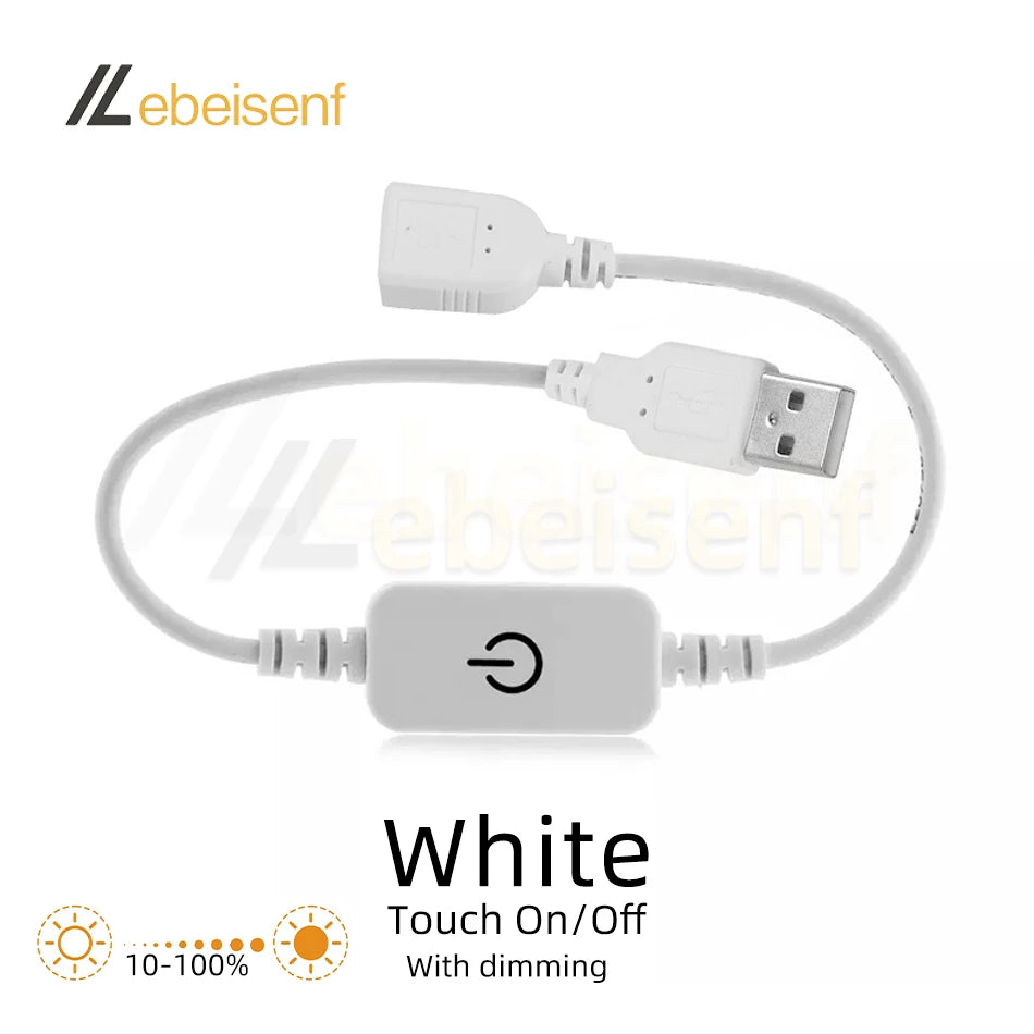 White USB to DC LED controller cable with a touch on/off switch and dimming feature