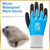 A pair of blue and black waterproof warm gloves shown next to a gray faux fur glove.