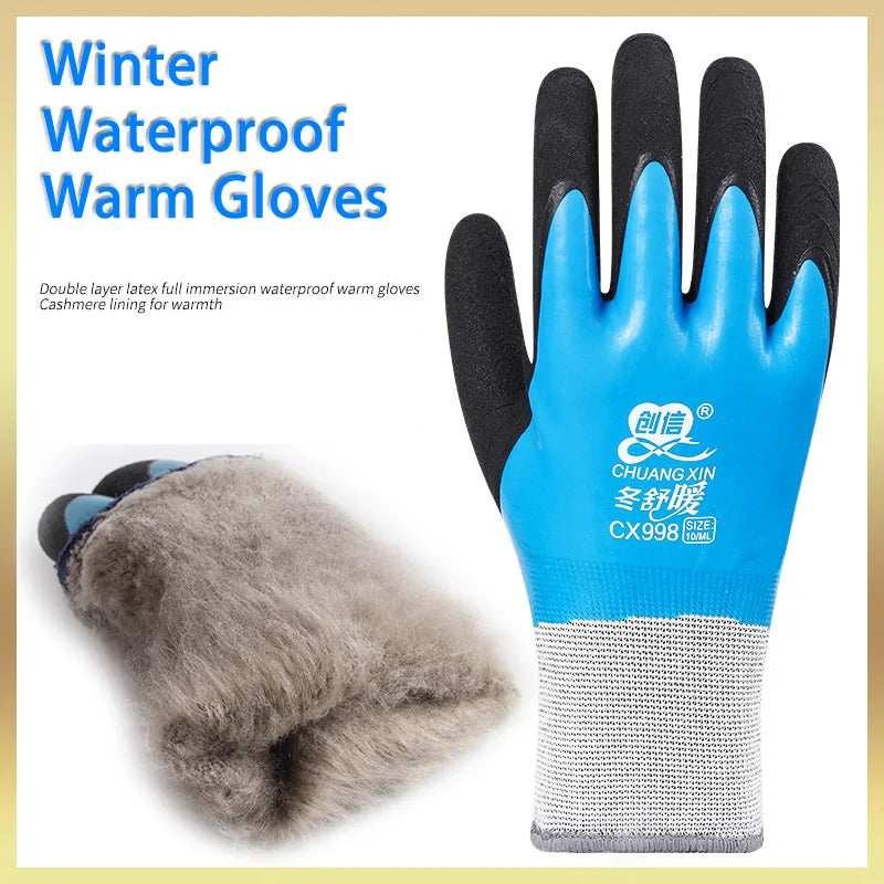 A pair of blue and black waterproof warm gloves shown next to a gray faux fur glove.