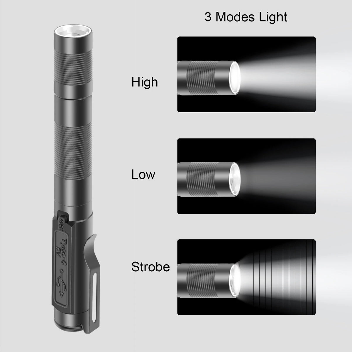 Lampe torche LED noire à poche avec trois modes lumineux : Haute, Basse et Stroboscopique.