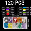 A plastic kit containing 120 precision car fuses in various colors and sizes, packaged in a clear tray.