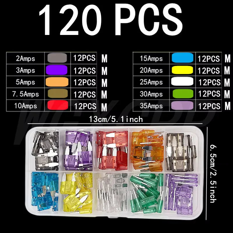 A plastic kit containing 120 precision car fuses in various colors and sizes, packaged in a clear tray.