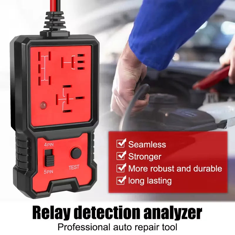 A black relay detection analyzer tool is shown being used on a vehicle component.