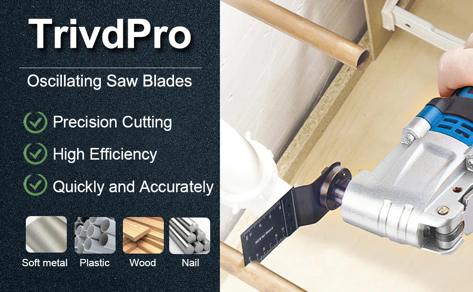 A close-up of a TrivdPro oscillating saw blade being used to cut wood and nails.