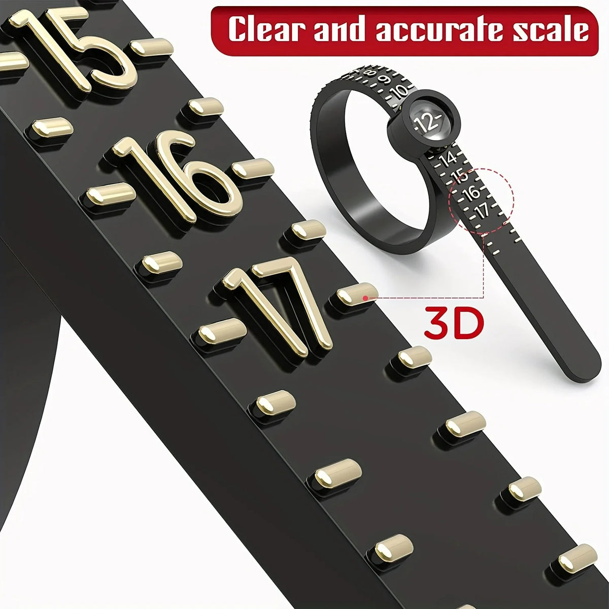 A precision ring sizer and magnifier is shown next to a scale marked with numbers, demonstrating its use for accurate sizing.