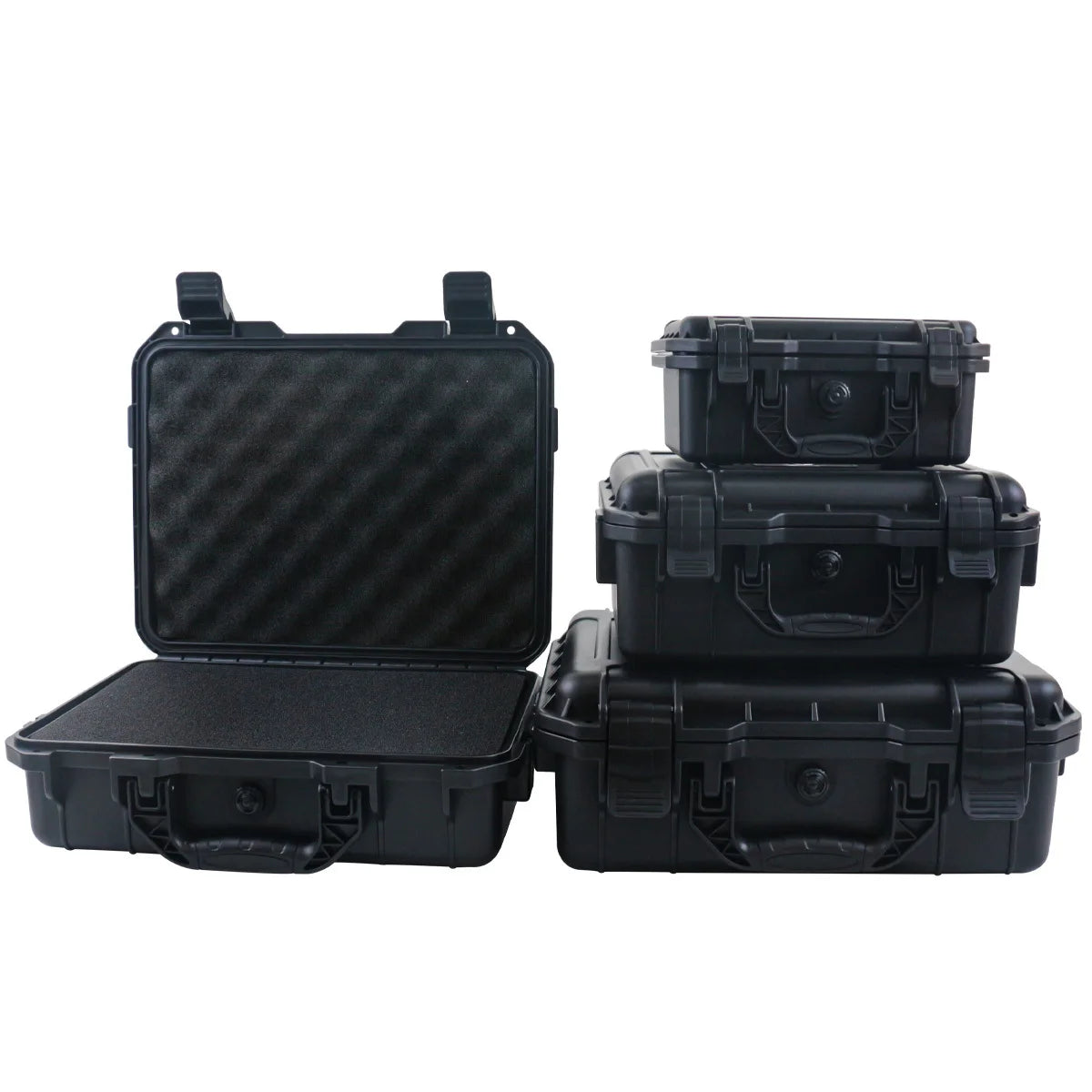 Black waterproof hard carry case for tool and sponge storage shown in various configurations