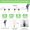 59 feet of ST38 globe string lights featuring 30 sockets, 30+1 bulbs, E12 base, and IP44 waterproof rating.