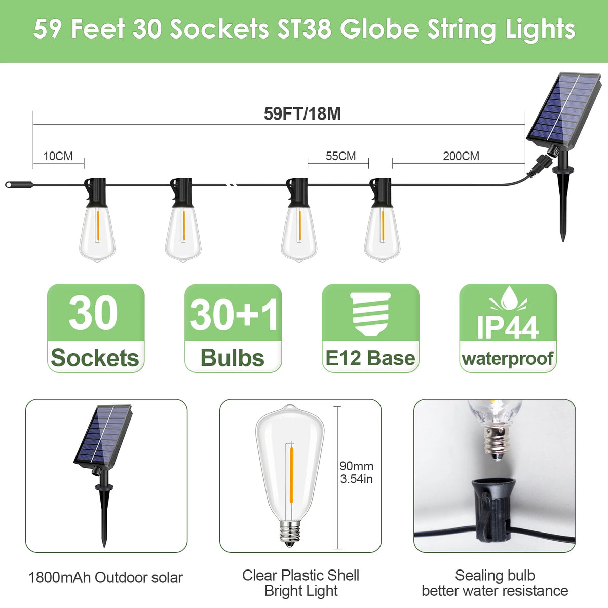 59 feet of ST38 globe string lights featuring 30 sockets, 30+1 bulbs, E12 base, and IP44 waterproof rating.