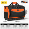 A black and orange heavy duty open top tool organizer bag shown with dimensions and an adjustable shoulder strap.