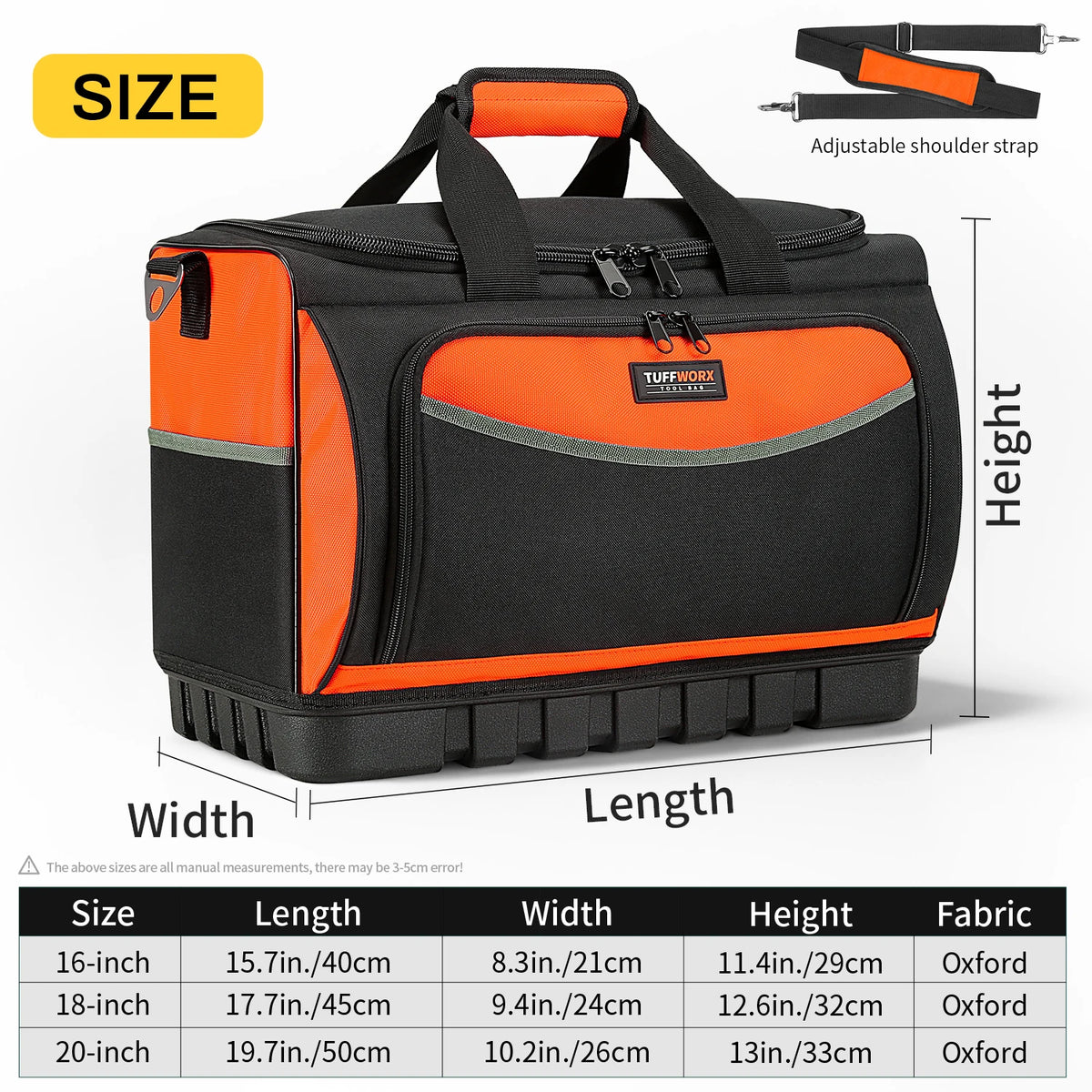 A black and orange heavy duty open top tool organizer bag shown with dimensions and an adjustable shoulder strap.