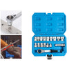 A blue 17-piece pass-through socket set with a hollow ratchet and various tools is shown in an open case.