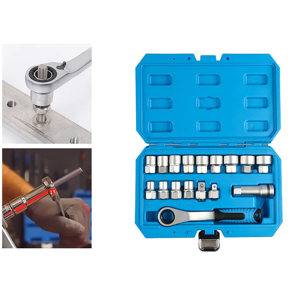 A blue 17-piece pass-through socket set with a hollow ratchet and various tools is shown in an open case.
