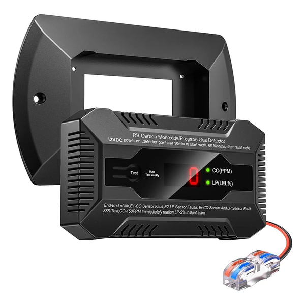 A black RV dual gas detector unit with a test button and an attached sensor module.