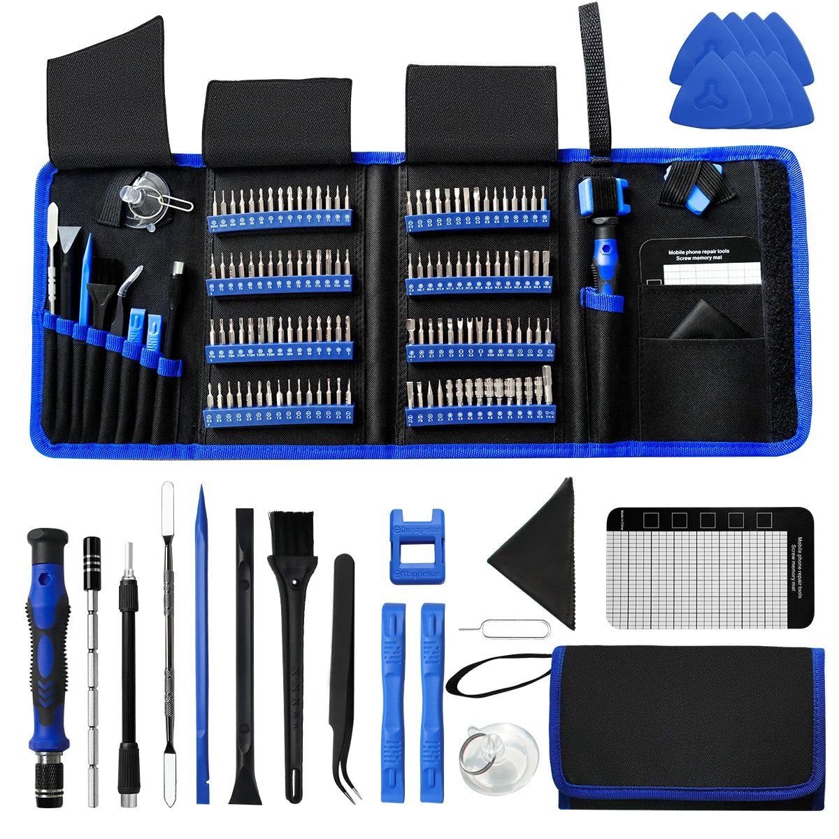 A black and blue 142-in-1 precision screwdriver set with various tips and tools laid out in a case.