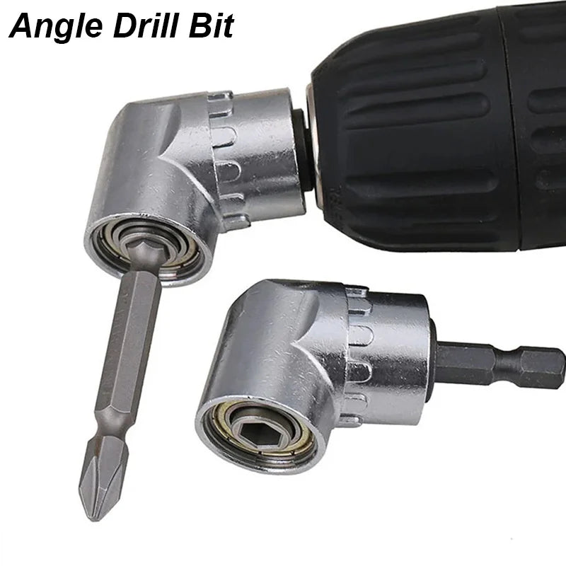 A silver angle drill bit adapter with a hexagonal shaft and a drill bit tip is shown next to a black drill chuck.