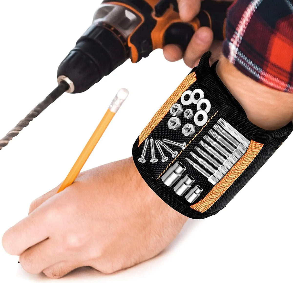 A hand holds a magnetic wrist strap tool with various screws and rods attached for DIY and repair.
