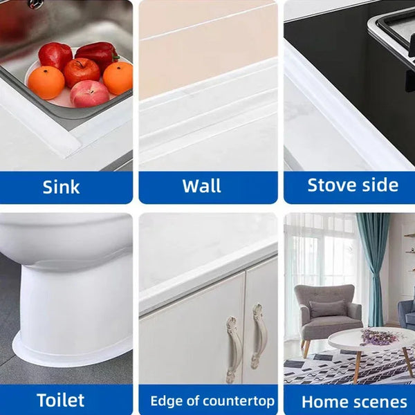 A collection of various sealing tapes and trim pieces including sink, wall, stove side, toilet, countertop edge, and home sce