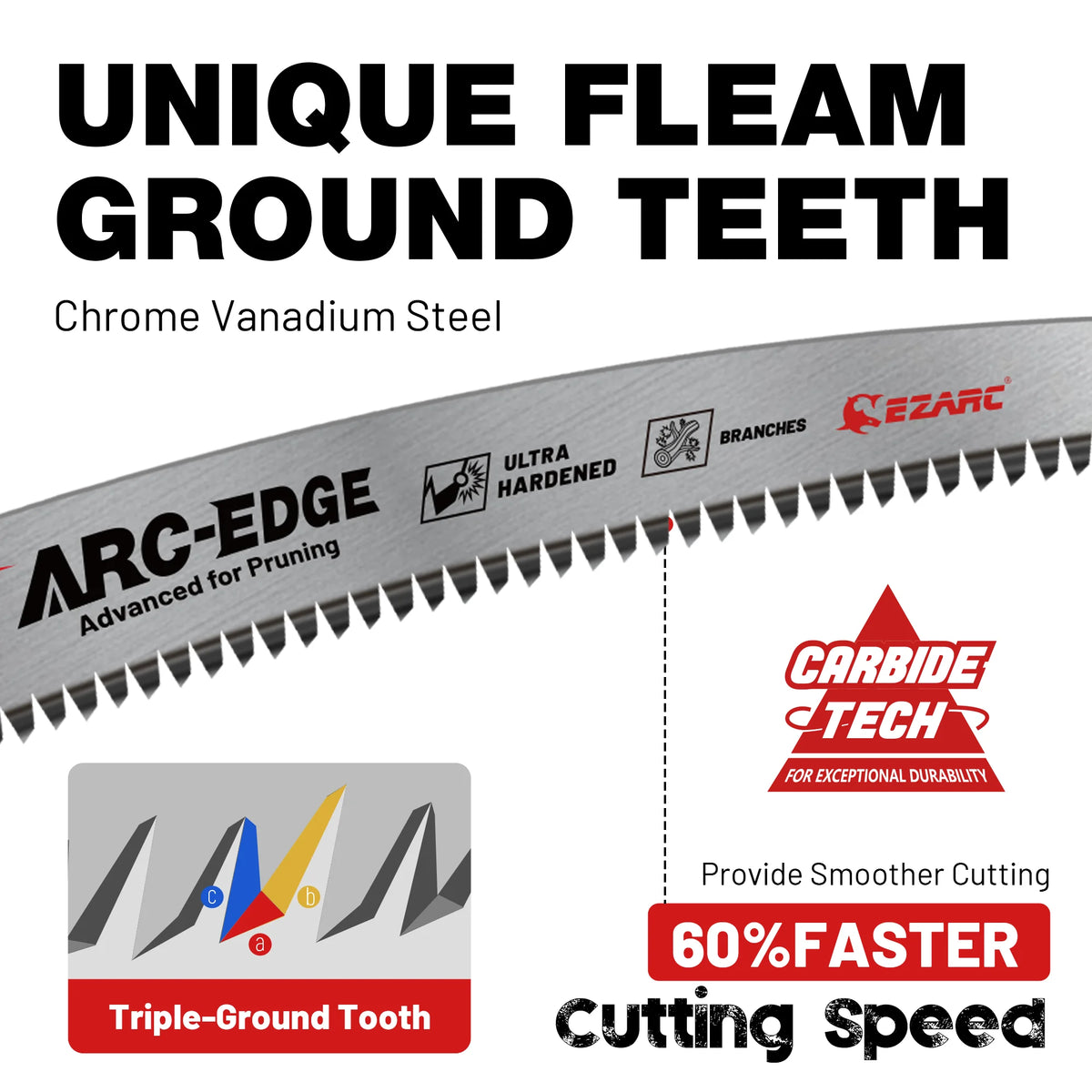 Close-up of an ARC-EDGE fleam ground tooth blade made of chrome vanadium steel for pruning and tree trimming.