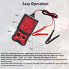 A compact automotive relay tester device with red and black clips and LED indicators is shown.