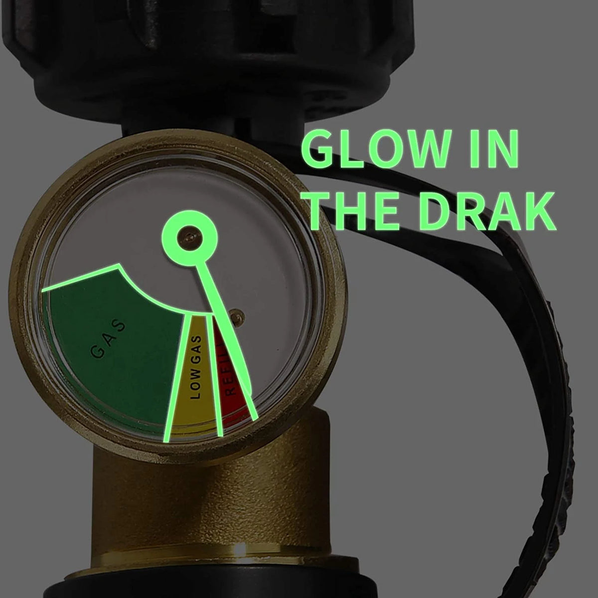A close-up of a propane tank gauge with a green glow indicating gas levels, labeled Glow in the Drak.