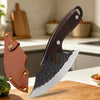 A forged stainless steel boning knife with a wooden handle and bottle opener resting on a wooden cutting board.