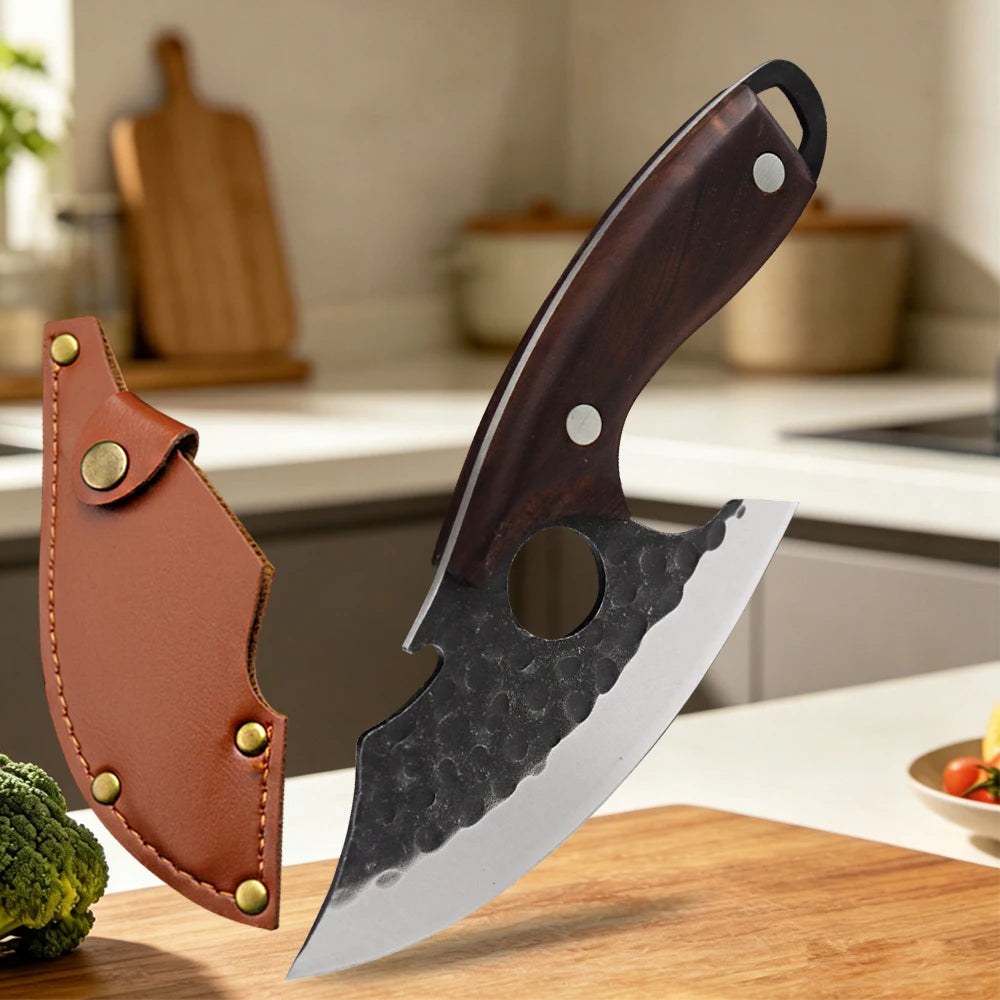 A forged stainless steel boning knife with a wooden handle and bottle opener resting on a wooden cutting board.