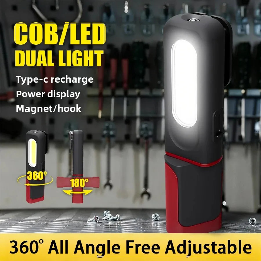 A black portable LED work light with a rechargeable battery and magnetic hook, shown in various angles.