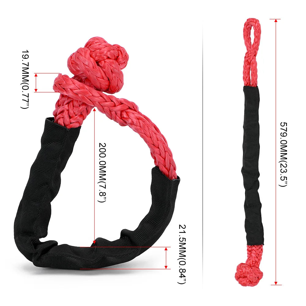 A set of heavy duty synthetic recovery shackles in red and black rope.