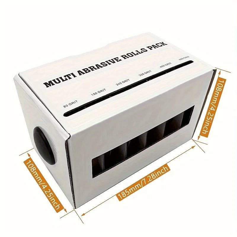 A white box of multi-abrasive rolls with various grits, including 80 to 400 grit, displayed on a white background.