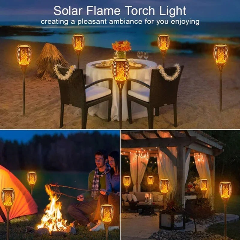 Solar flame torch lights illuminating a beach setting and an outdoor patio area.