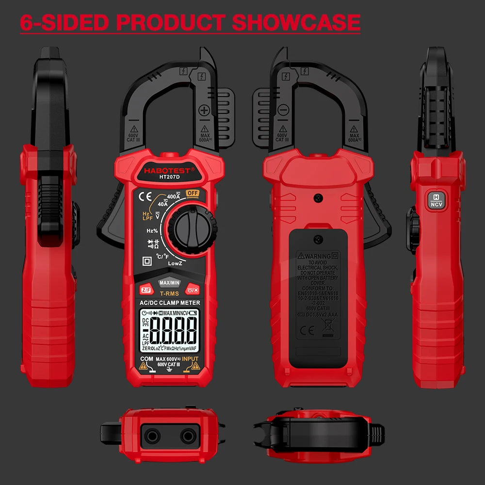 A set of six red digital clamp meters and accessories displayed against a dark gray background.