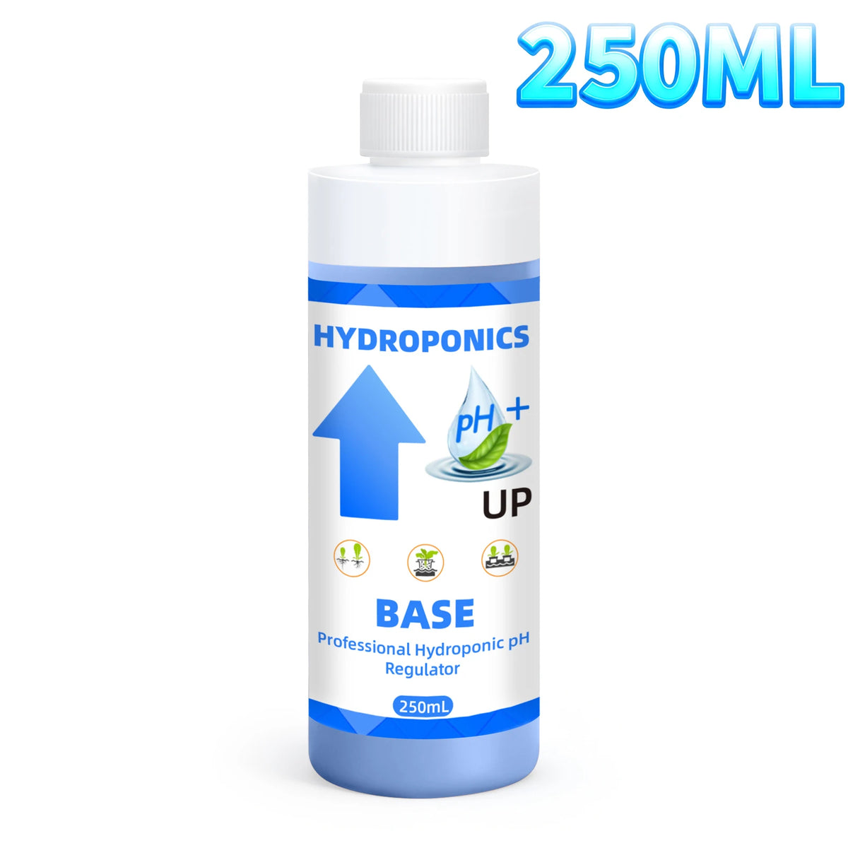 Botella blanca etiquetada como Regulador de pH Hidropónico con tapa azul y marca de 250ml.