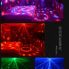 Various scenes of home party decoration using sound activated RGB disco ball lights illuminating rooms and bedding.