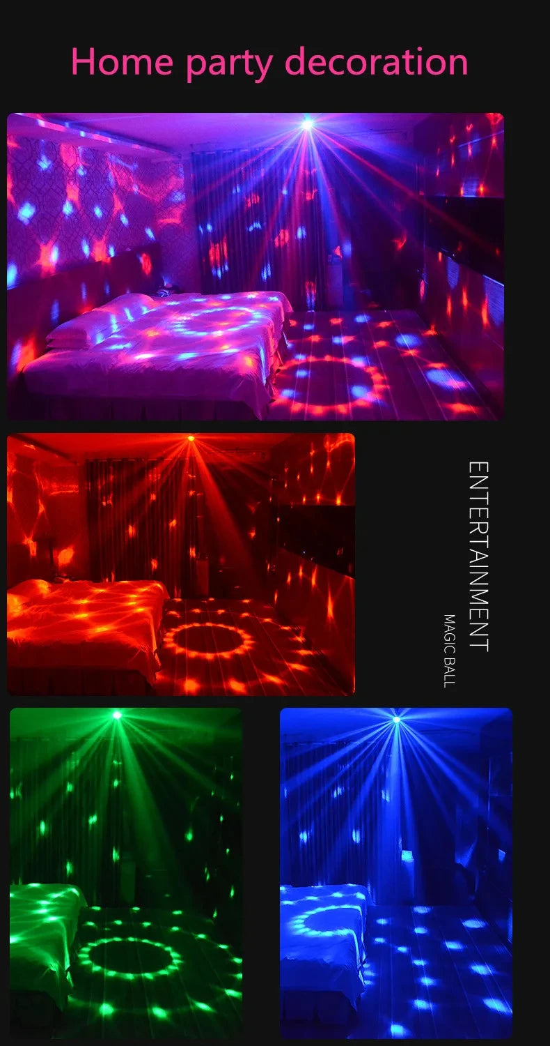 Various scenes of home party decoration using sound activated RGB disco ball lights illuminating rooms and bedding.