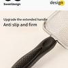 Close-up of a black stainless steel cat litter scoop with an upgraded, firm extended handle.