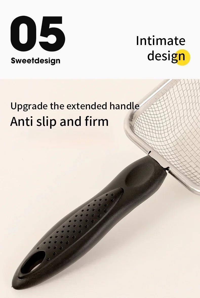 Close-up of a black stainless steel cat litter scoop with an upgraded, firm extended handle.