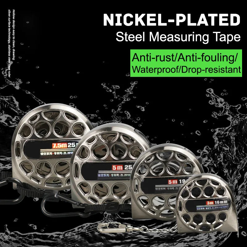 A collection of nickel-plated steel measuring tapes in various lengths and thicknesses displayed against a black background.