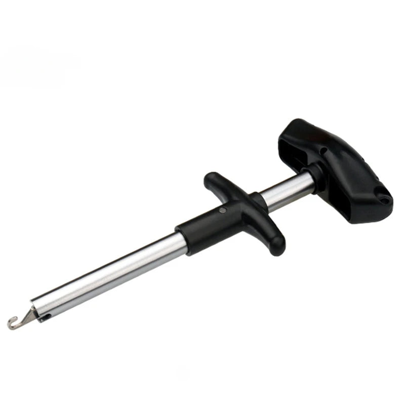 A portable aluminum T-hook remover tool with a black handle and silver shaft.