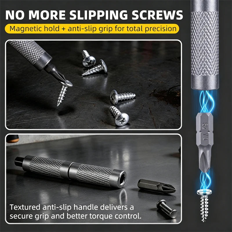 A close-up view of a magnetic screwdriver kit showing various bits and a textured anti-slip handle.