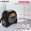 A black cross laser rangefinder device is shown with instructions for long press to use the cross laser.