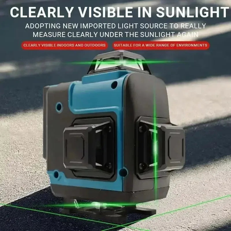 A professional green laser level device is shown on a surface, demonstrating its visibility in sunlight.