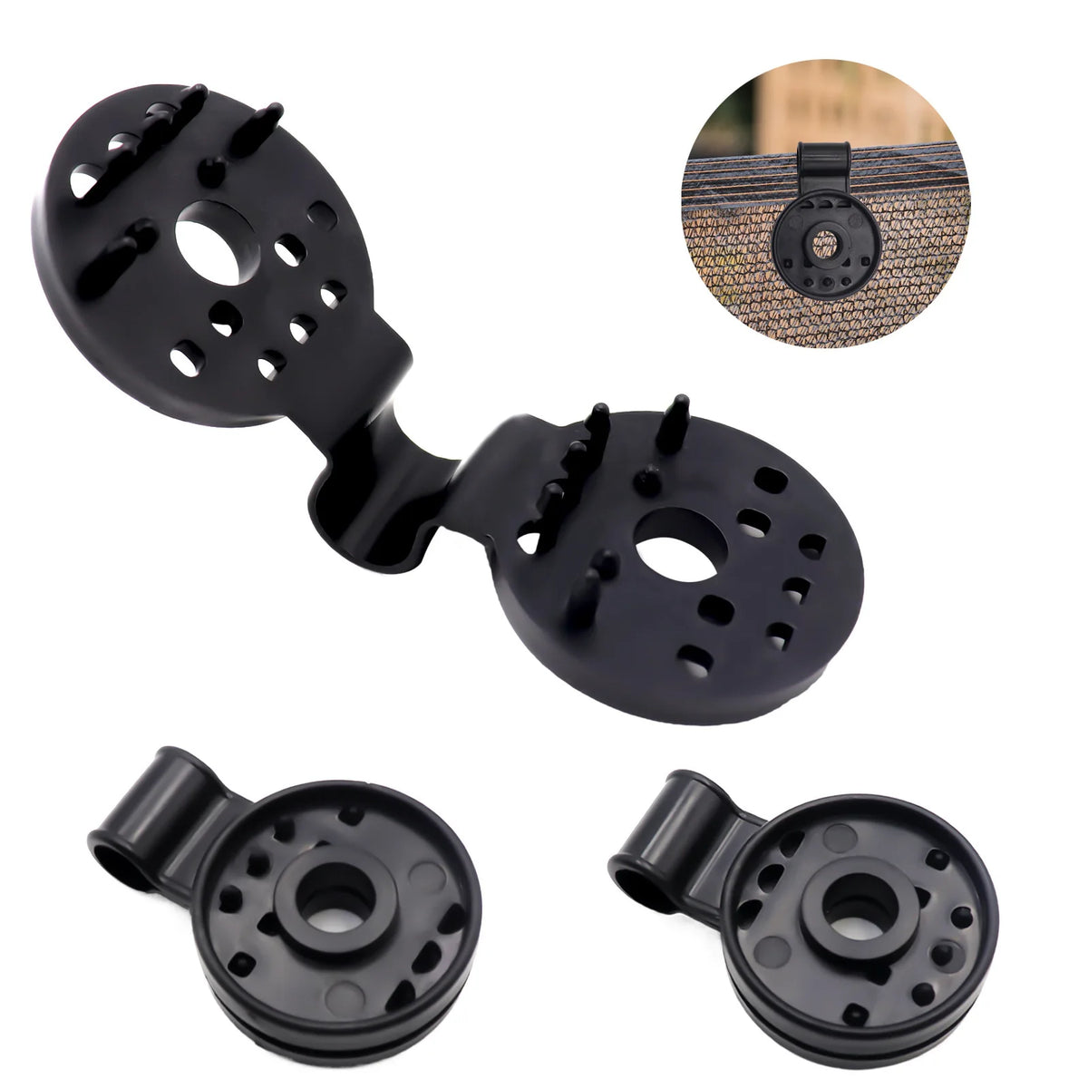 Black heavy-duty shade cloth clips for netting and fabric, shown in various forms.