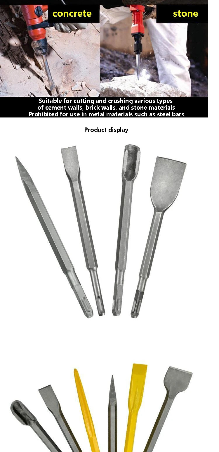 A display of various metal impact drill bits and tools for cutting and crushing materials like concrete and stone.